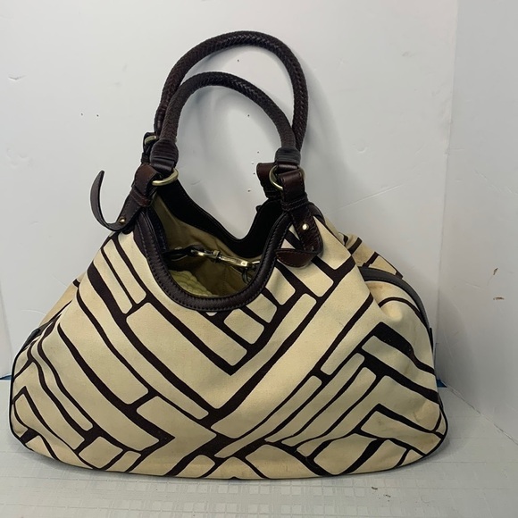 Cole Haan GENEVIEVE Triangle Leather & Woven Canvas Tote - Picture 1 of 9